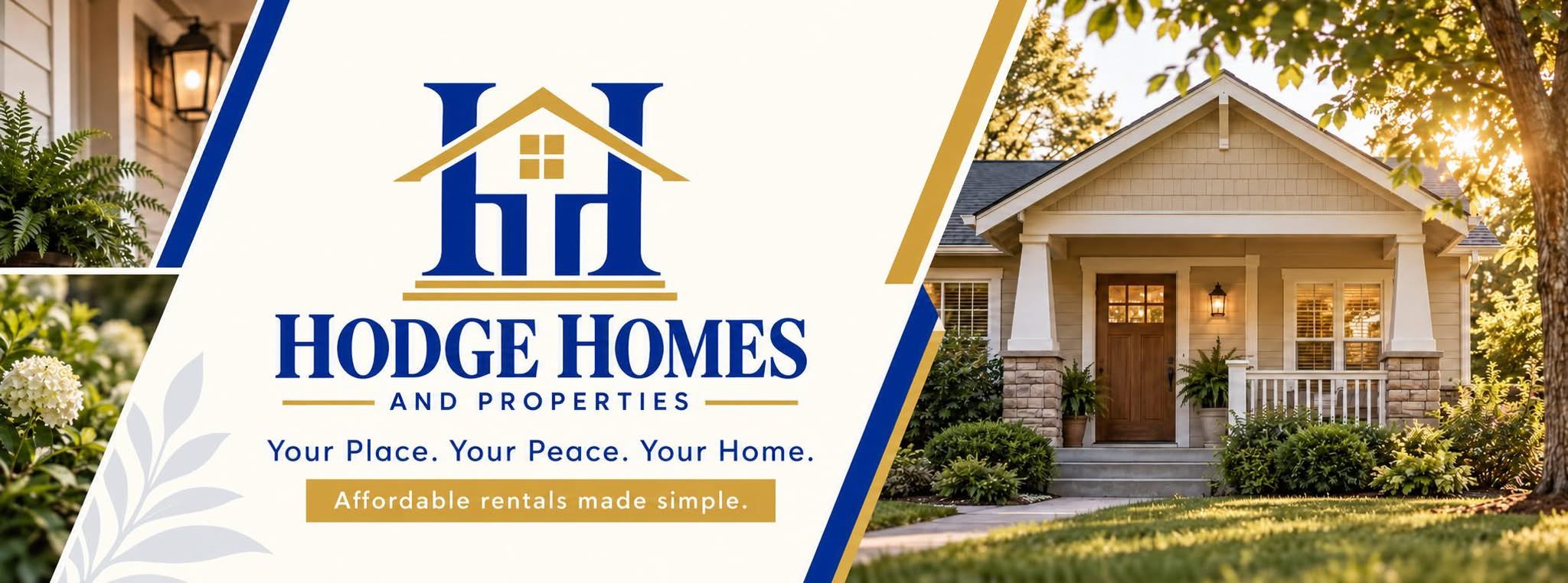 Hodge Homes and Properties cover: blue and gold branding beside a welcoming home, with the tagline Your Place. Your Peace. Your Home.